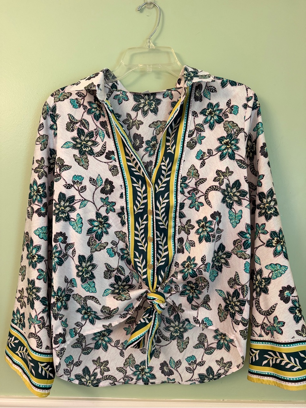 LOFT |  Floral Tie-Front Blouse with Yellow Trim